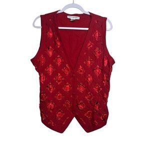 VTG Ellen Richman Lattice Woven Vest Women's M Cherry Red Y2K Boho Whimsygoth